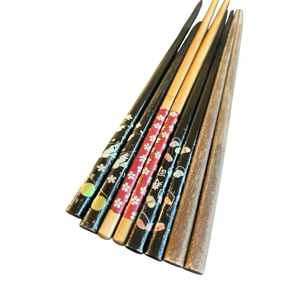 Assorted Lot of 4 Pairs Japanese Decorative Chopsticks - Bamboo & Wood